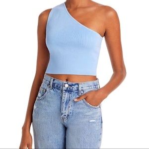 Endless Rose One Shoulder Crop Top Blue Rib Knit Size Large